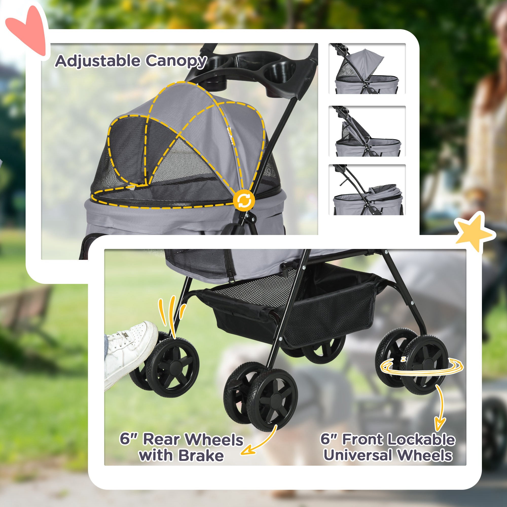 PawHut Dog Pram Dog Stroller Foldable Pet Pushchair with 4 Wheels, Safety Leashes, Cup Holder for Small Dogs, Grey 