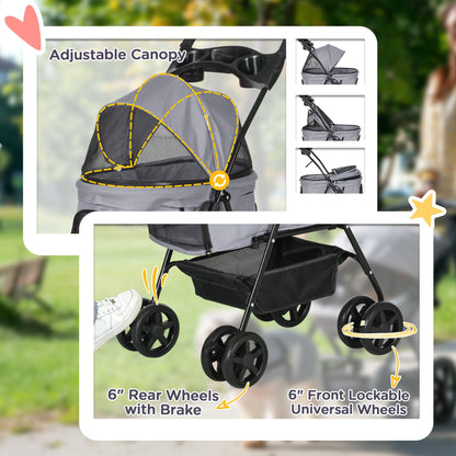 PawHut Dog Pram Dog Stroller Foldable Pet Pushchair with 4 Wheels, Safety Leashes, Cup Holder for Small Dogs, Grey 