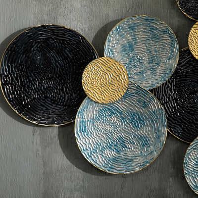 HOMCOM 3D Metal Wall Art Modern Circle Hanging Wall Sculptures Home Decor for Living Room Bedroom Dining Room, Blue Black Gold 