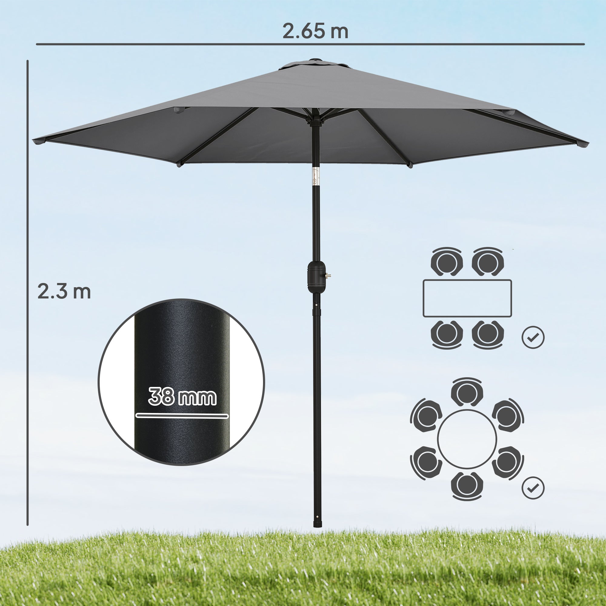 Outsunny 2.6 m Garden Parasol Umbrella with Aluminium Pole, Outdoor Patio Umbrella with Tilt and Crank, Vent, Grey 