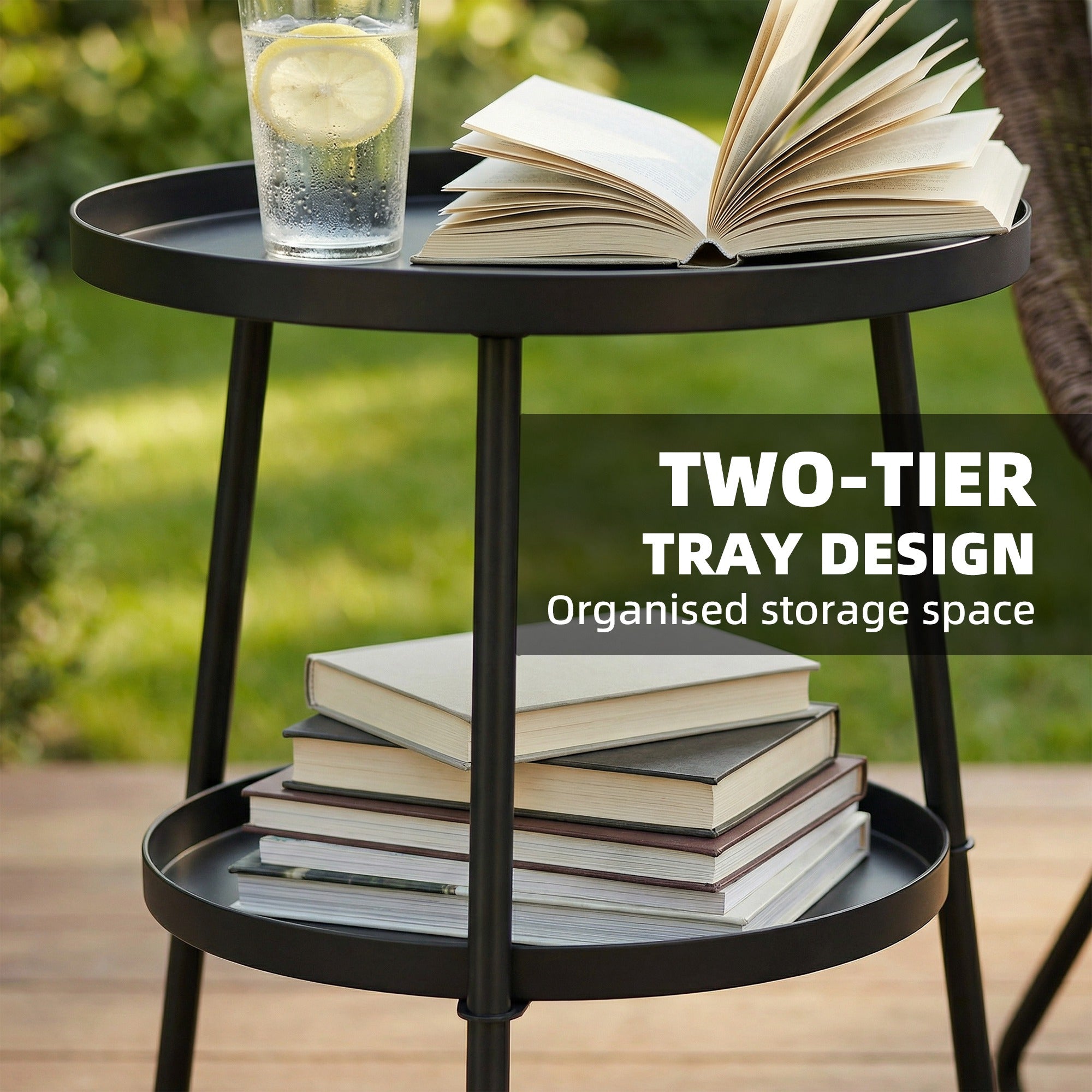 Outsunny Patio Side Table, 2-Tier Round Coffee End Table for Garden Balcony Living Room Bedroom, Black 