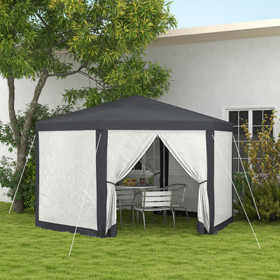 Outsunny 4M Hexagon Gazebo, Netting Party Tent, Patio Canopy Outdoor Event Shelter for Activities, Shade Resistant, Dark Grey 