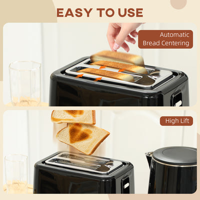 HOMCOM Kettle and Toaster Set, 1.5L 3000W Fast Boil Kettle with Insulation & 2 Slice Toaster Kitchen Set with 7 Level Browning Controls, Defrost, Reheat and Crumb Tray, Black 