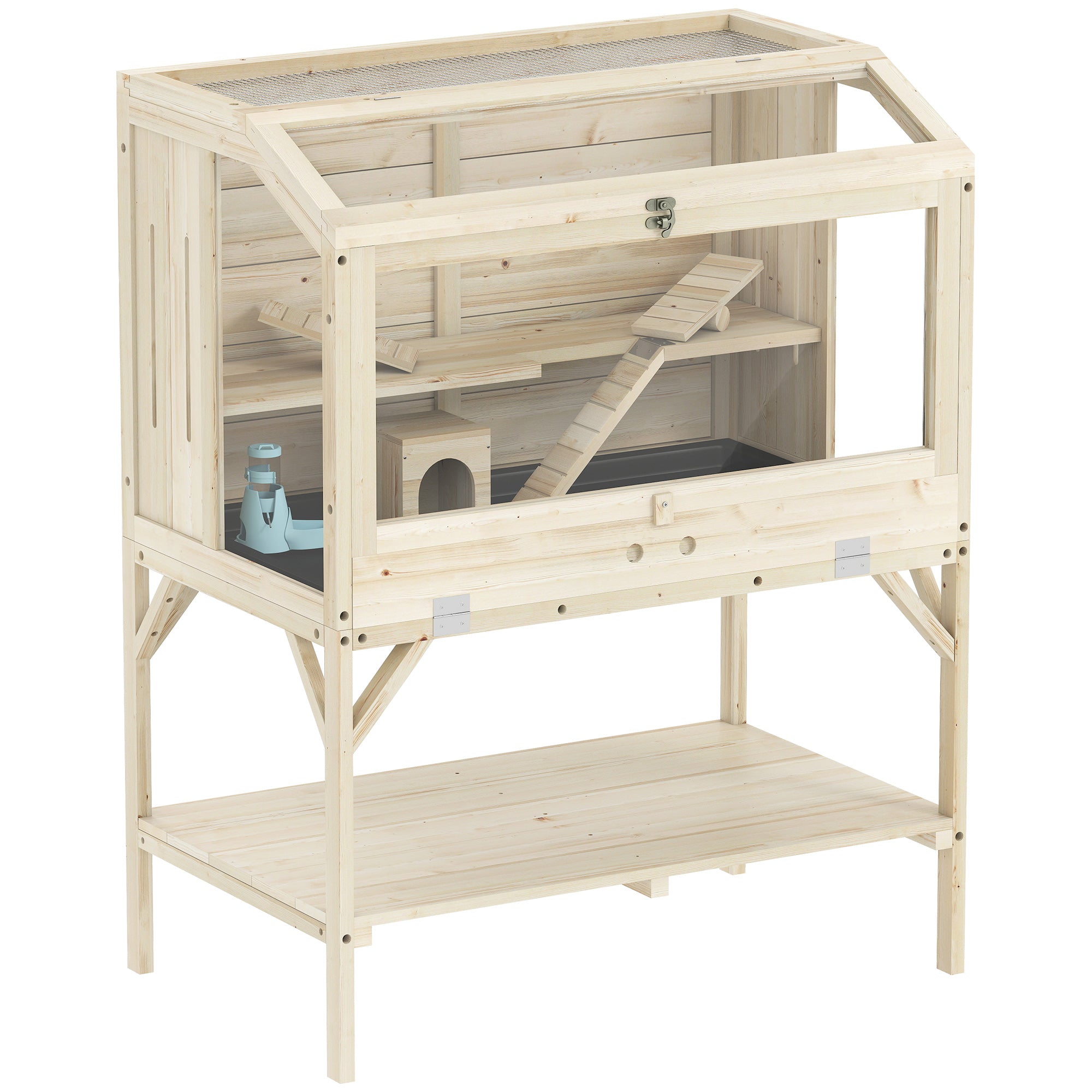 PawHut 2 Tier Wooden Hamster Cage with Shelf and Openable Top 