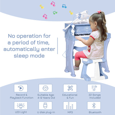 HOMCOM 37 Keys Kids Piano Mini Electronic Keyboard Light Kids Musical Instrument Educational Game Children Grand Piano Toy Set w/Stool & Microphone & Music Stand (Blue) 