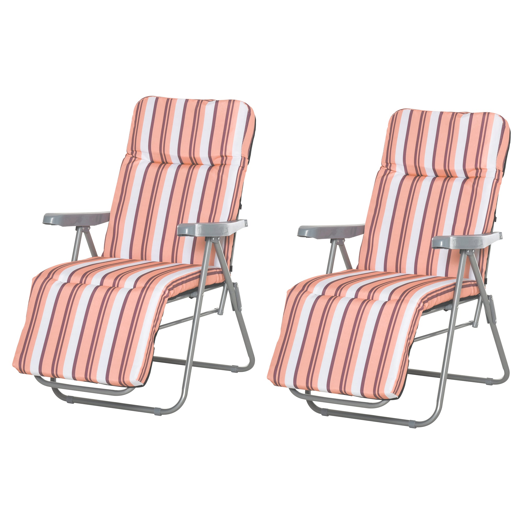 Outsunny Reclining Garden Chair Set of 2, 5-Level Adjustable Zero Gravity Chairs with Cushions, Folding Sun Lounger Garden Recliner Chairs with Armrests for Outdoor, Patio, Orange Stripe 