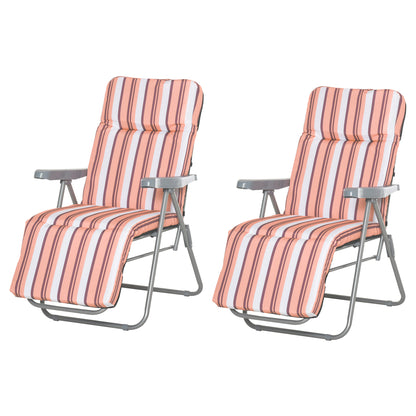 Outsunny Reclining Garden Chair Set of 2, 5-Level Adjustable Zero Gravity Chairs with Cushions, Folding Sun Lounger Garden Recliner Chairs with Armrests for Outdoor, Patio, Orange Stripe 