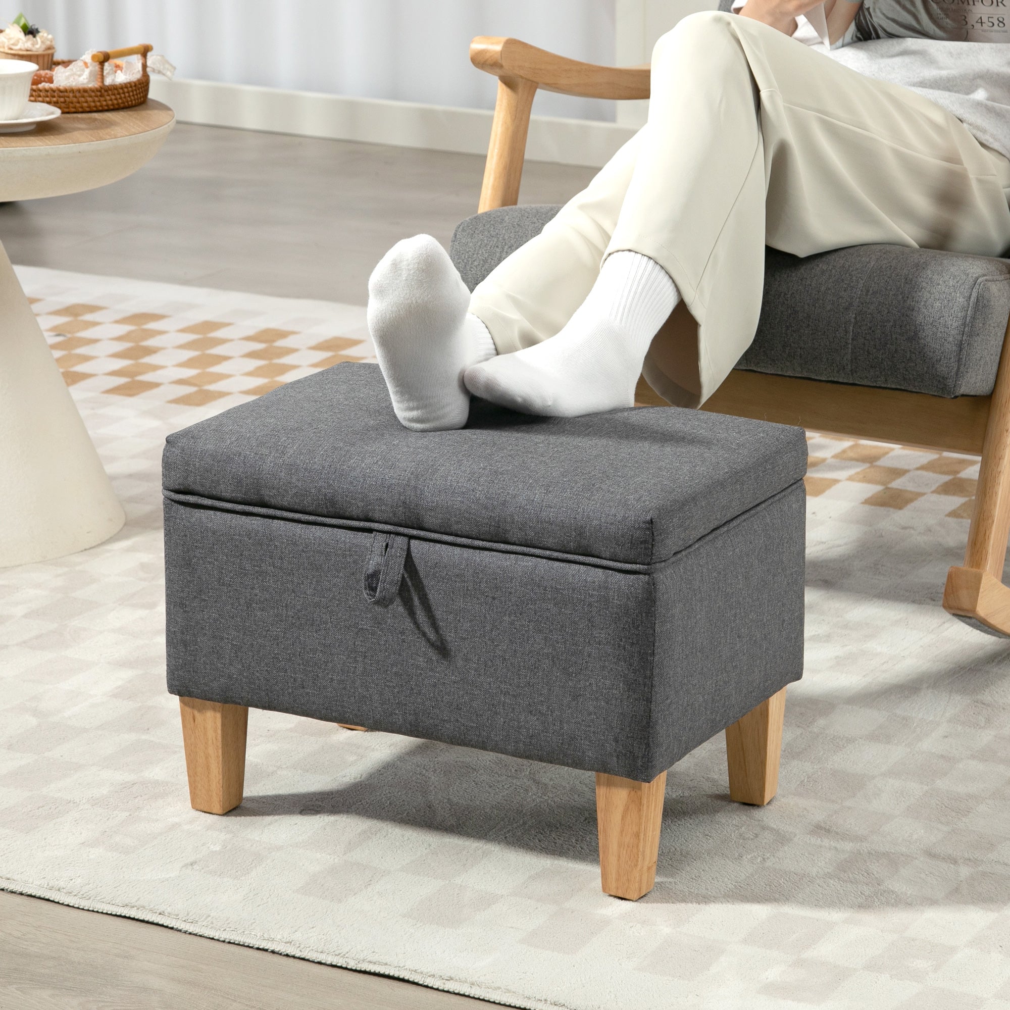 HOMCOM 16L Linen Storage Ottoman Padded Footstool with Rubberwood Legs for Storage Box, Bed End, Shoe Bench, Seating, Charcoal Grey 