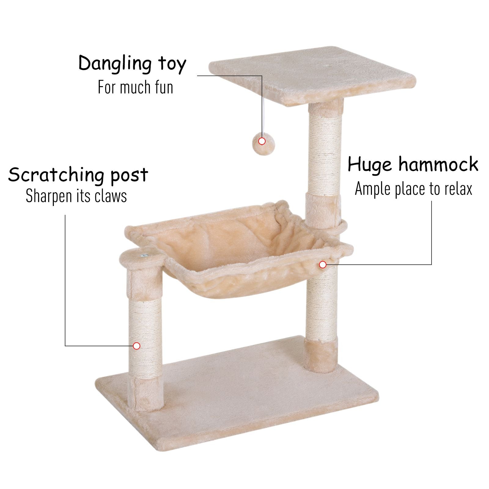 PawHut Cat Scratch Post with Bed Cat Tree for Indoor Cats Sisal Scratching Posts Hammock Kitty Activity Centre Beige 