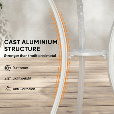 Outsunny 3 Pieces Garden Bistro Set, Cast Aluminium Outdoor Dining Set with 2 Chairs and Round Table with Parasol Hole, White 
