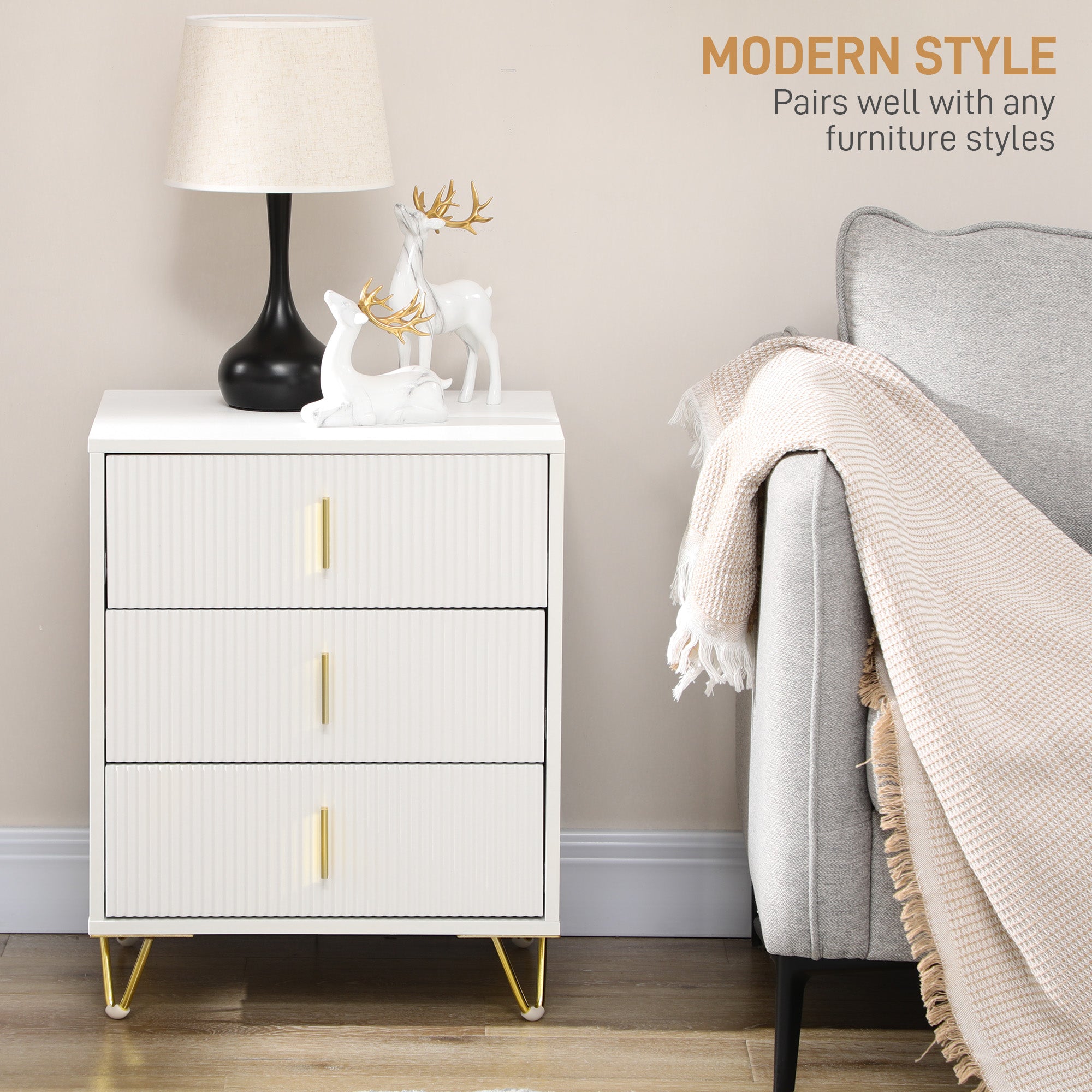 HOMCOM Set of 2 Elegant Chest of Three Drawers - White/Gold-Tone