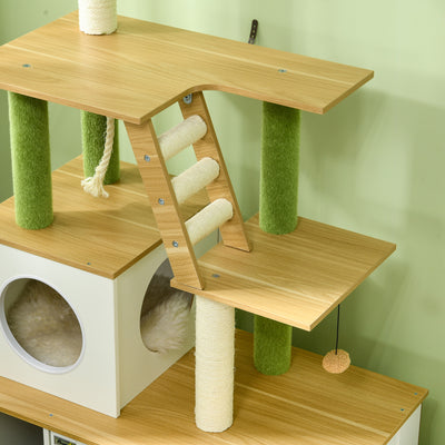 PawHut 2-in-1 Hidden Cat Litter Box, Green Leaf Cat Tree, with House, Ladder, Scratching Posts, Platforms, Indoors -Oak 