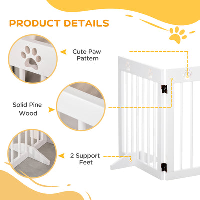 PawHut Freestanding Pet Gate 4 Panel Wooden Dog Barrier Folding Safety Fence with Support Feet up to 204cm Long 61cm Tall for Doorway Stairs White 