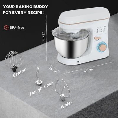 HOMCOM Stand Mixer, 5L Food Mixer for Baking, 6 Speeds and Pulse Setting, 1400W Cake Electric Kitchen Mixer with Dough Hook, Whisk, Stainless Steel Bowl, Splash Guard, Beater, White 