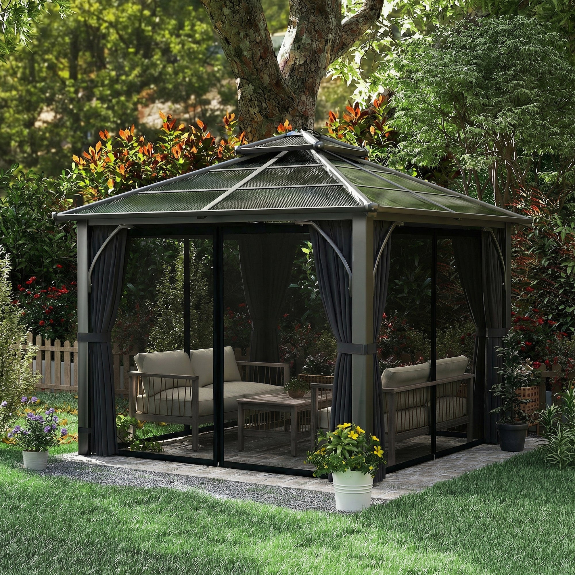 Outsunny 2.5 x 2.5 m Hardtop Gazebo Canopy with 7mm PC Roof, Garden Gazebo Permanent Pavilion with Netting, Curtains, Dark Grey 