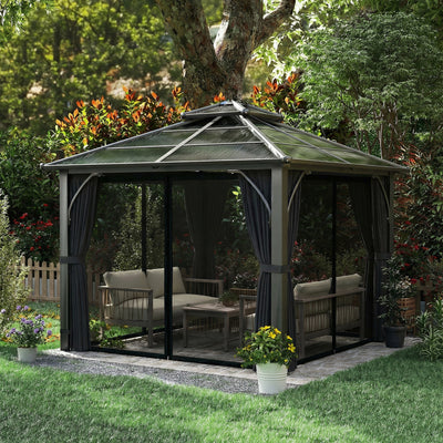 Outsunny 2.5 x 2.5 m Hardtop Gazebo Canopy with 7mm PC Roof, Garden Gazebo Permanent Pavilion with Netting, Curtains, Dark Grey 