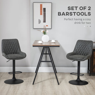 HOMCOM Retro Bar Stools Set of 2, Adjustable Kitchen Stool, Upholstered Bar Chairs with Back, Swivel Seat, Dark Grey 