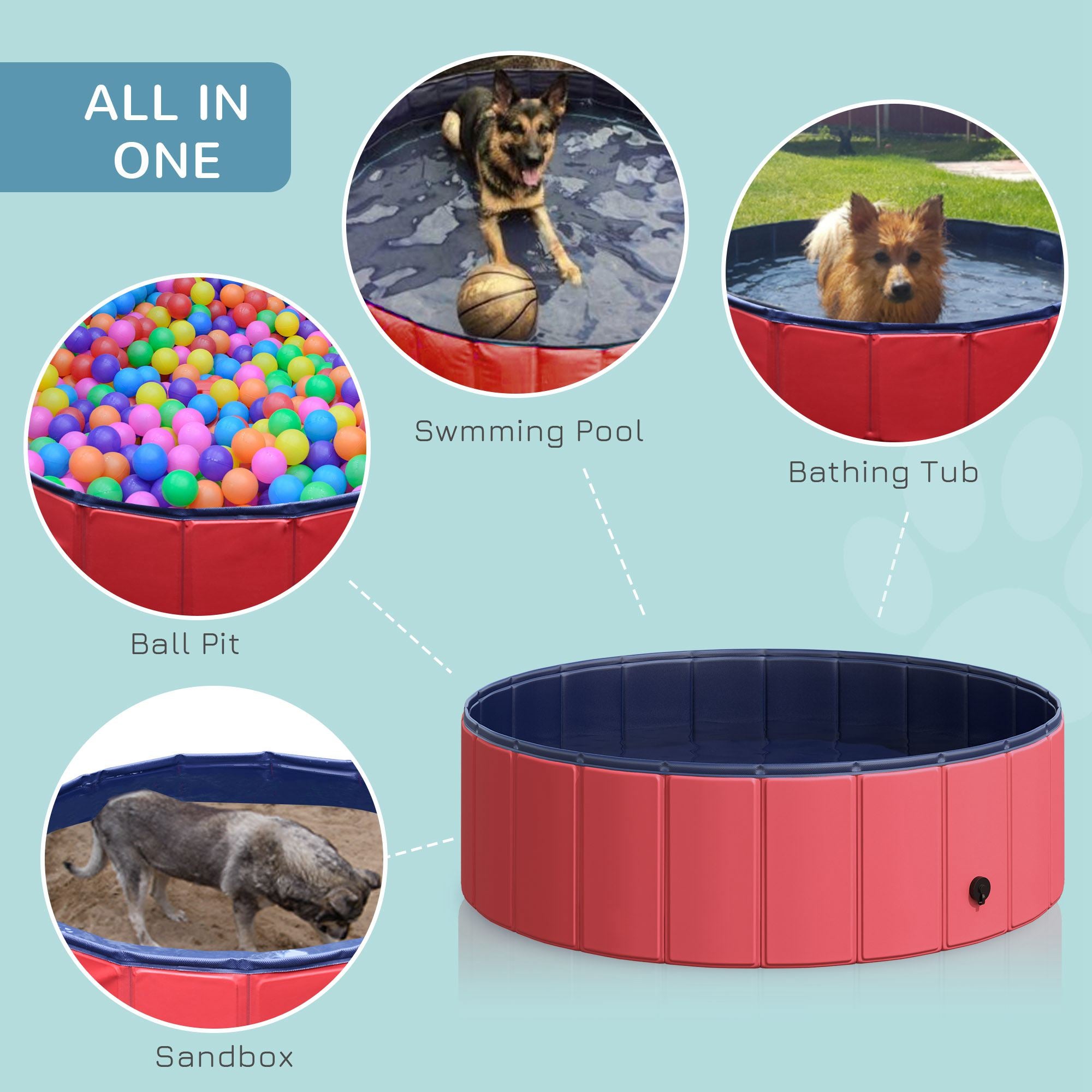 PawHut Foldable Dog Paddling Pool Pet Cat Swimming Pool Indoor/ Outdoor Collapsible Summer Bathing Tub Shower Tub Puppy Washer, Φ 100 x 30H cm, Red 