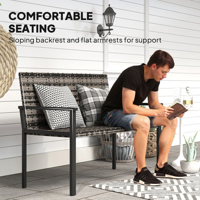 Outsunny 2 Seater Rattan Garden Bench, Outdoor Bench with Quick-Drying Cotton Padding, Wicker Garden Loveseat with Armrests, Steel Frame for Patio, Park, Mixed Grey 