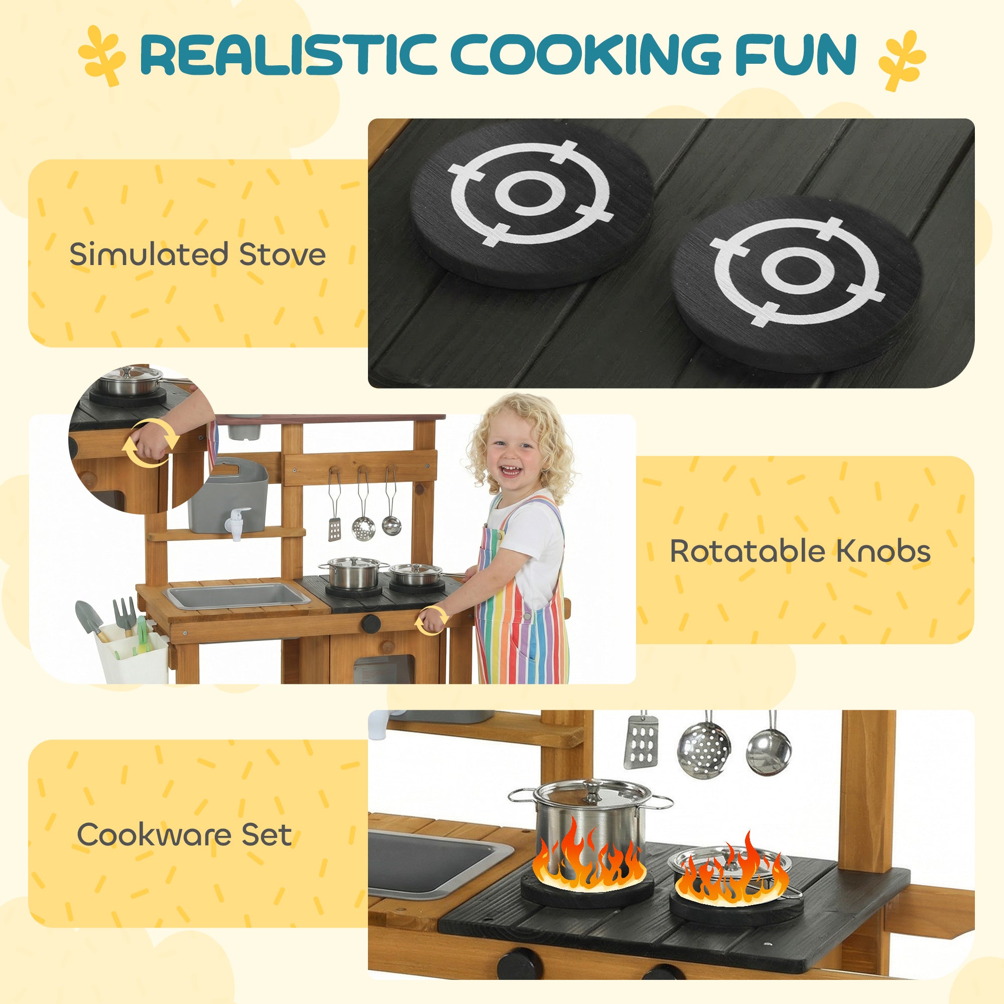 AIYAPLAY Wooden Mud Kitchen with Wheels, Stove, Faucet, Flower Pots, Stainless Steel Accessories for Toddlers 3-6, Brown 