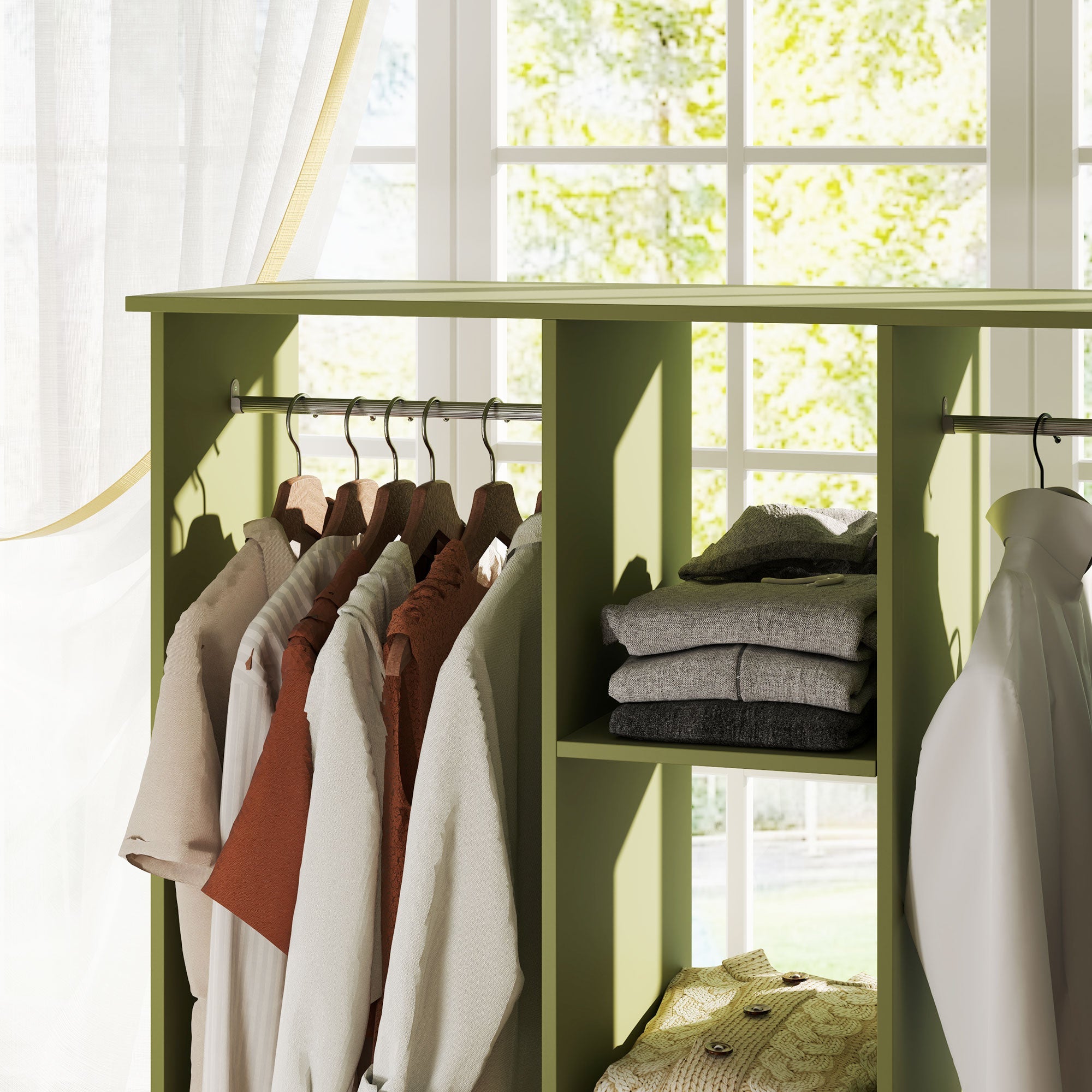 HOMCOM Open Wardrobe Double Mobile Storage Shelves Organizer W/6 Wheels-Green 