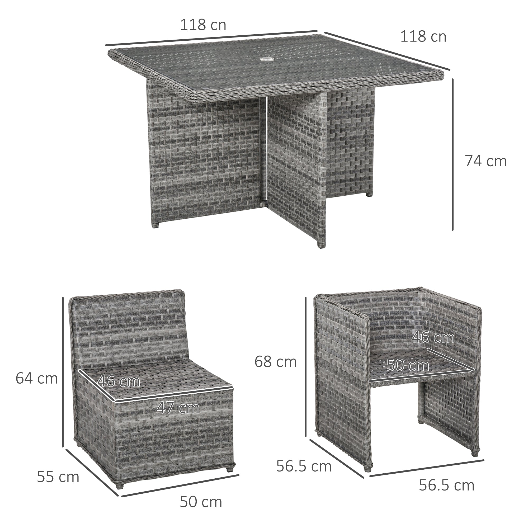 Outsunny 8 Seater Rattan Cube Garden Furniture Set with Parasol Hole, Rattan Dining Set with Cushions, Outdoor Dining Table and Chairs with Square Glass Top Table for Patio, Balcony, Mixed Grey 