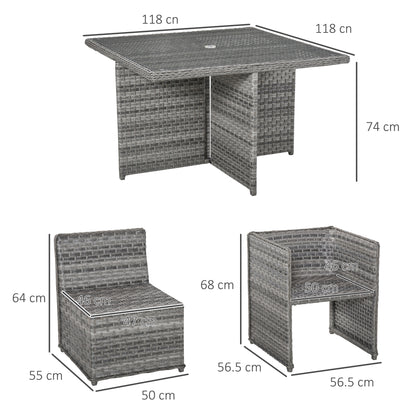 Outsunny 8 Seater Rattan Cube Garden Furniture Set with Parasol Hole, Rattan Dining Set with Cushions, Outdoor Dining Table and Chairs with Square Glass Top Table for Patio, Balcony, Mixed Grey 