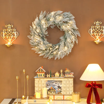 HOMCOM 60cm/ 24inch Flocked Prelit Christmas Wreath 