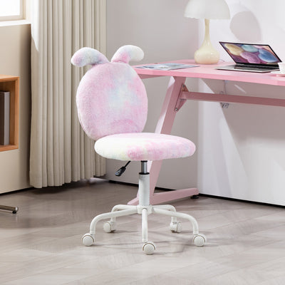 HOMCOM Fuzzy Office Chair with Bunny Ears, Faux Fur Swivel Desk Chair, Armless Makeup Vanity Chair with Adjustable Height for Bedroom, Study Room, Colourful 