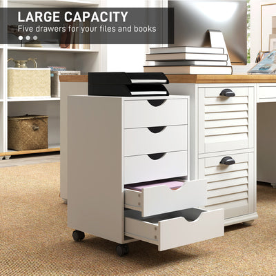 HOMCOM 5 Drawer Mobile Filing Cabinet, Vertical File Cabinet, Modern Rolling Office Storage Organizer Cupboard, White 