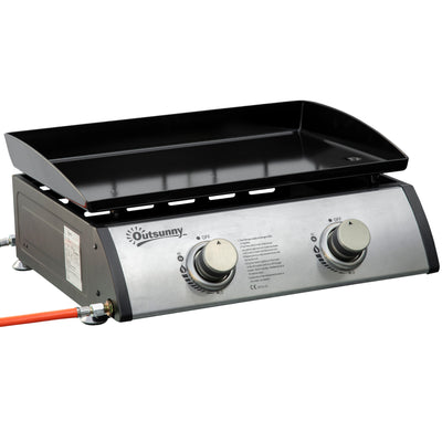 Outsunny Gas Plancha Grill with 2 Stainless Steel Burner, 6kW, Portable Tabletop Gas BBQ with Non-Stick Griddle for Camping Picnic Garden Party Festival 