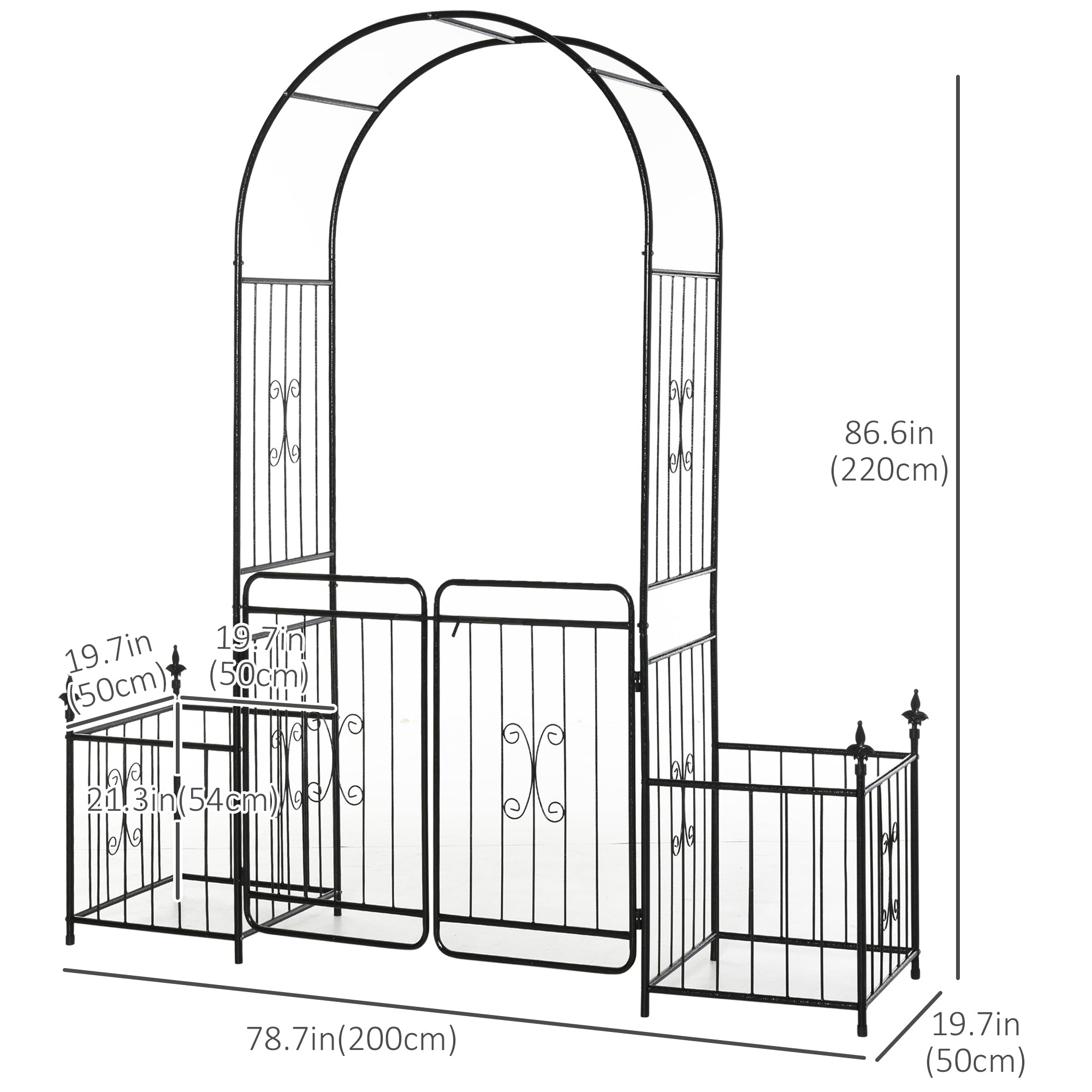 Outsunny Metal Garden Arbor Arch with Double Doors, 2 Side Planter Baskets, Climbing Vine Frame, Black 