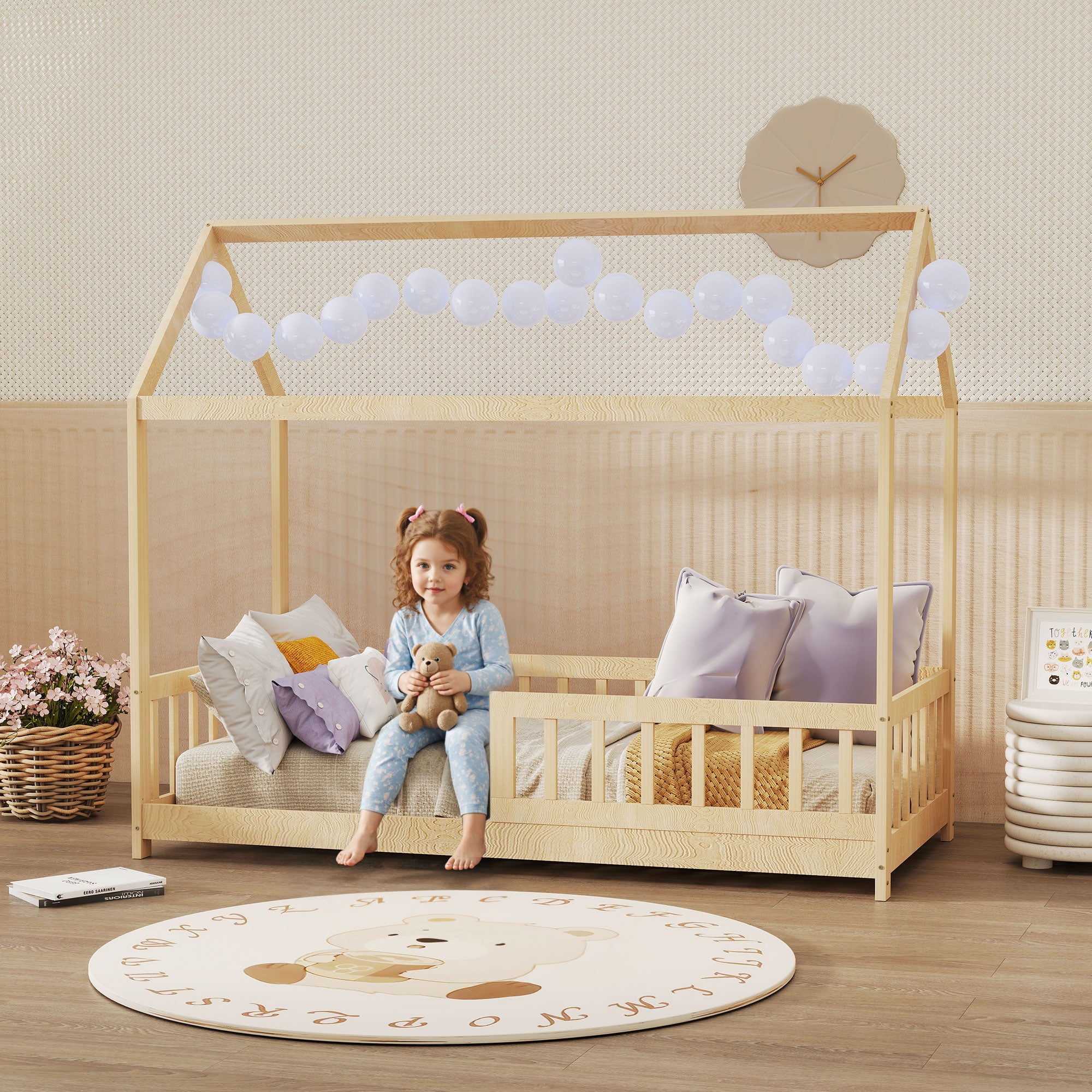 HOMCOM House-Shaped Kids Bed Frame with Guard Rails, Solid Pine Wood Single Bed Frame for Kids Boys and Girls, Natural 