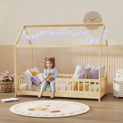 HOMCOM House-Shaped Kids Bed Frame with Guard Rails, Solid Pine Wood Single Bed Frame for Kids Boys and Girls, Natural 