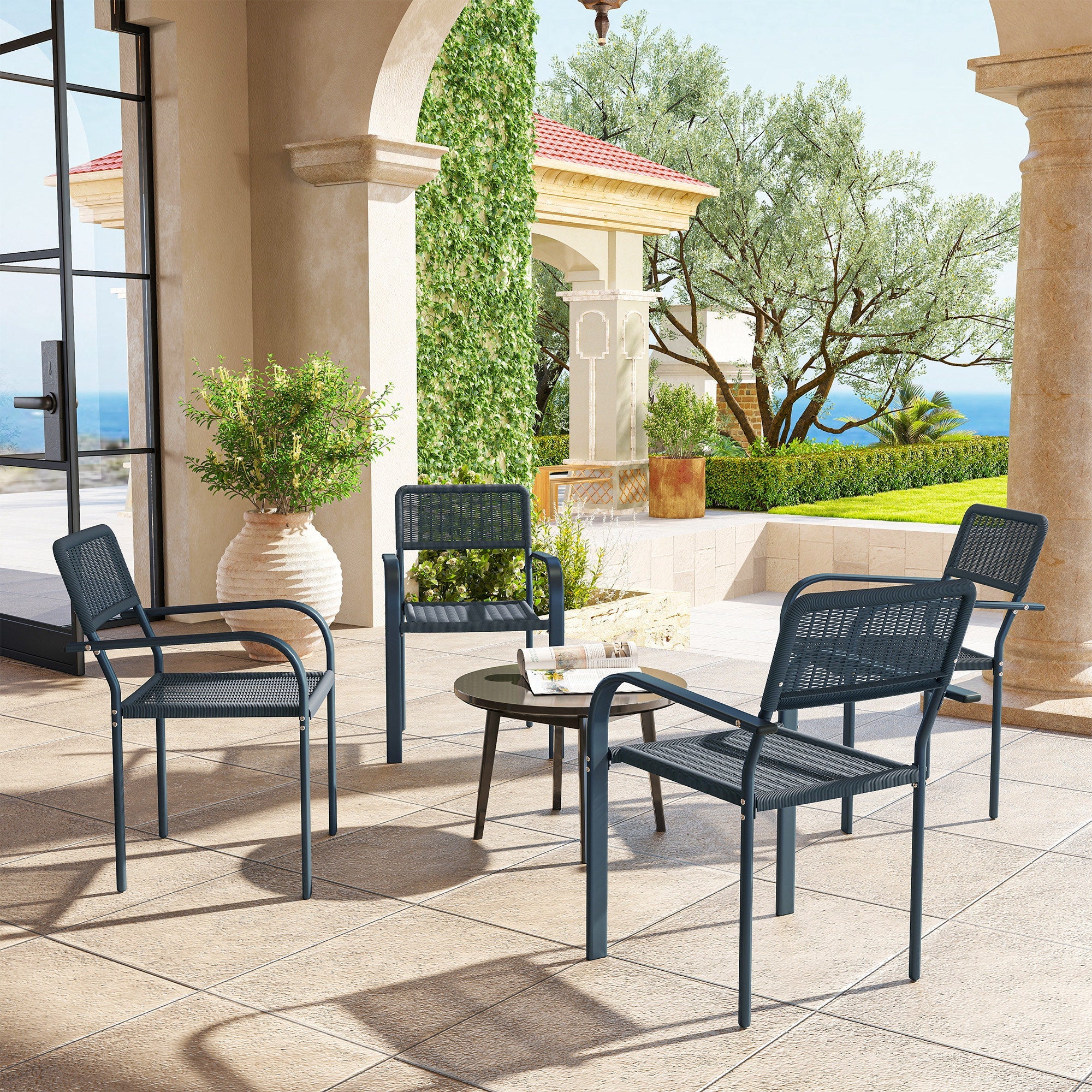 Outsunny Garden Chairs Set of 4, Stackable Rattan Effect Dining Chairs with Armrest, Weather Resistant and Lightweight Outdoor Furniture Armchairs for Patio, Balcony, Terrace, Dark Grey 