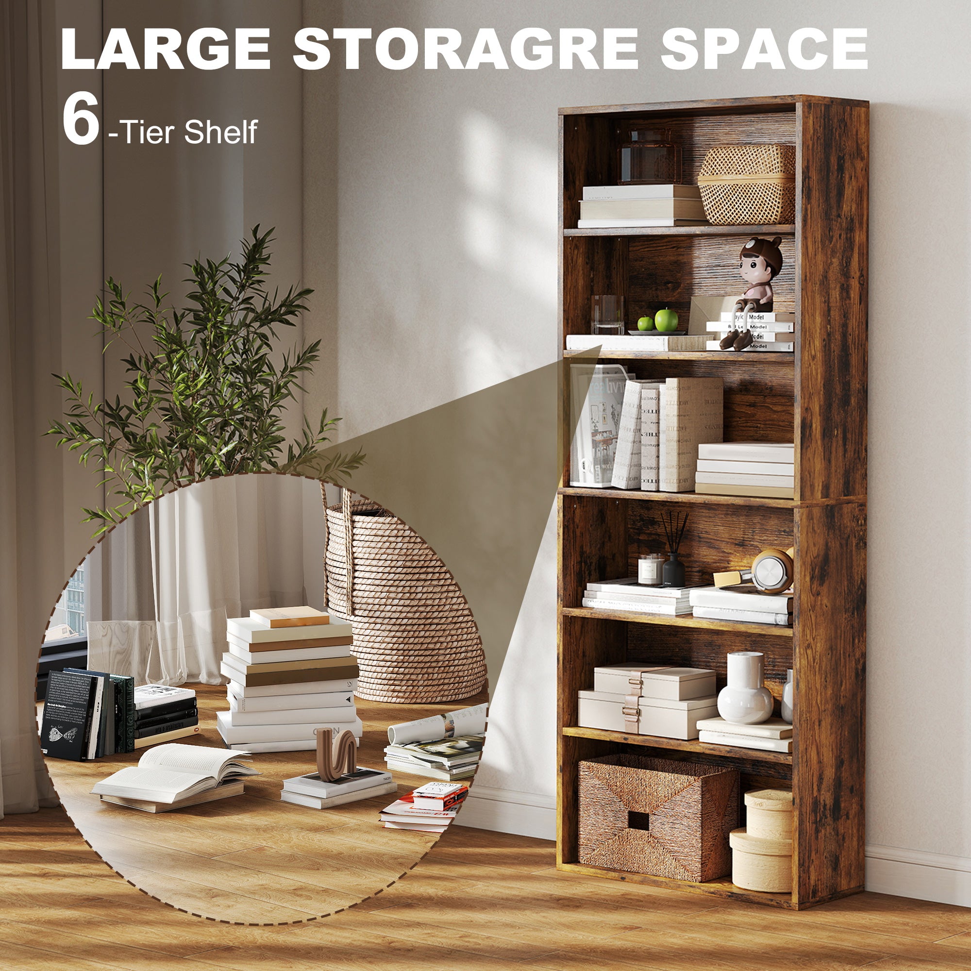 HOMCOM Six Shelf Bookcase - Rustic Brown 