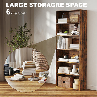 HOMCOM Six Shelf Bookcase - Rustic Brown 