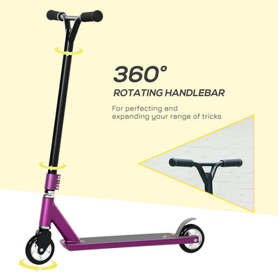 HOMCOM Stunt Scooter, 360° Entry Level Tricks Scooter w/ Lightweight Aluminium Deck and ABEC 7 Bearing, For Age 14+ Beginners, Purple 
