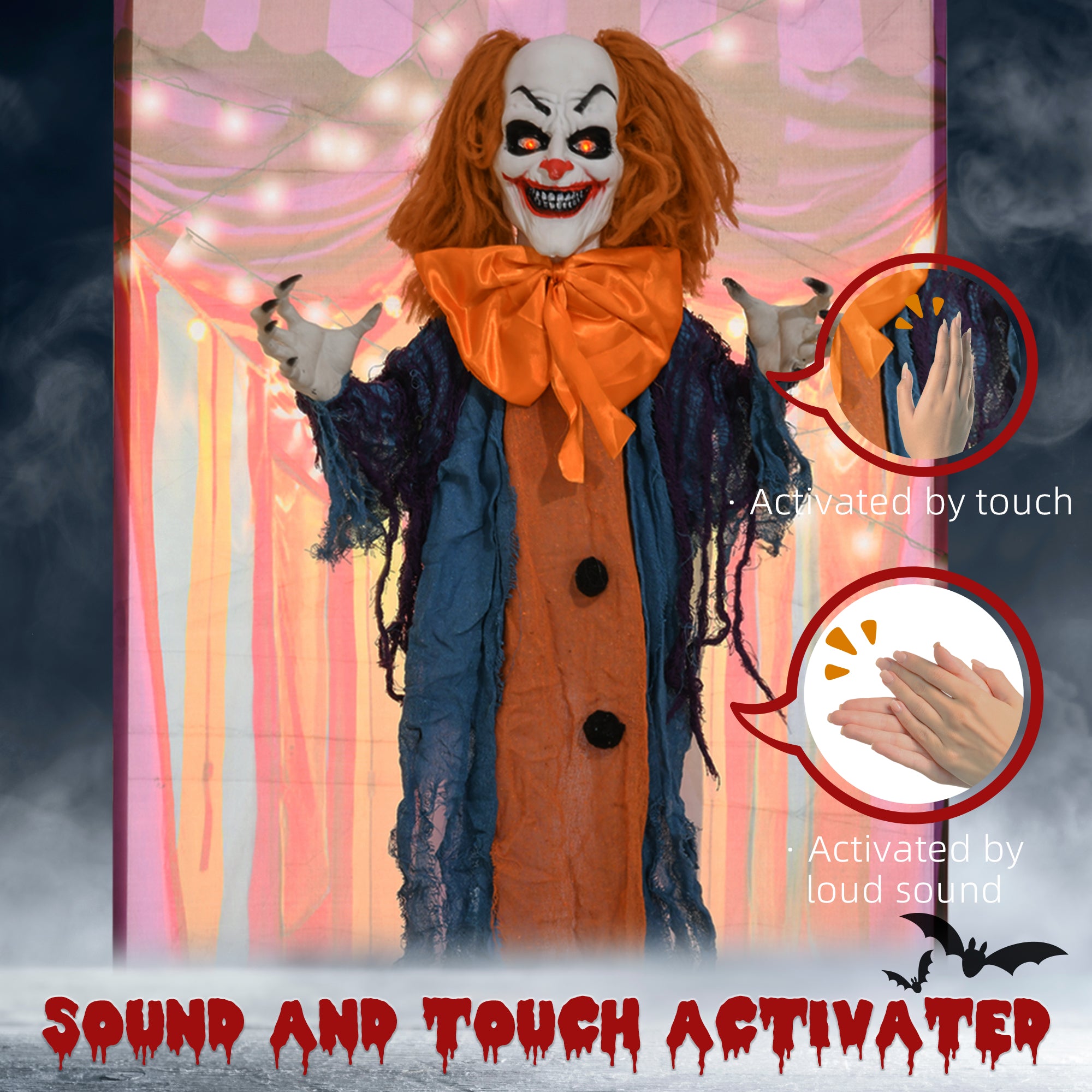 HOMCOM 168 cm Life Size Halloween Animated Standing Circus Clown with Red Light Up Eyes, Sound Activated Moving Arms & Body, Scary Clown Halloween Decorations, Battery Operated, Indoor Party Props