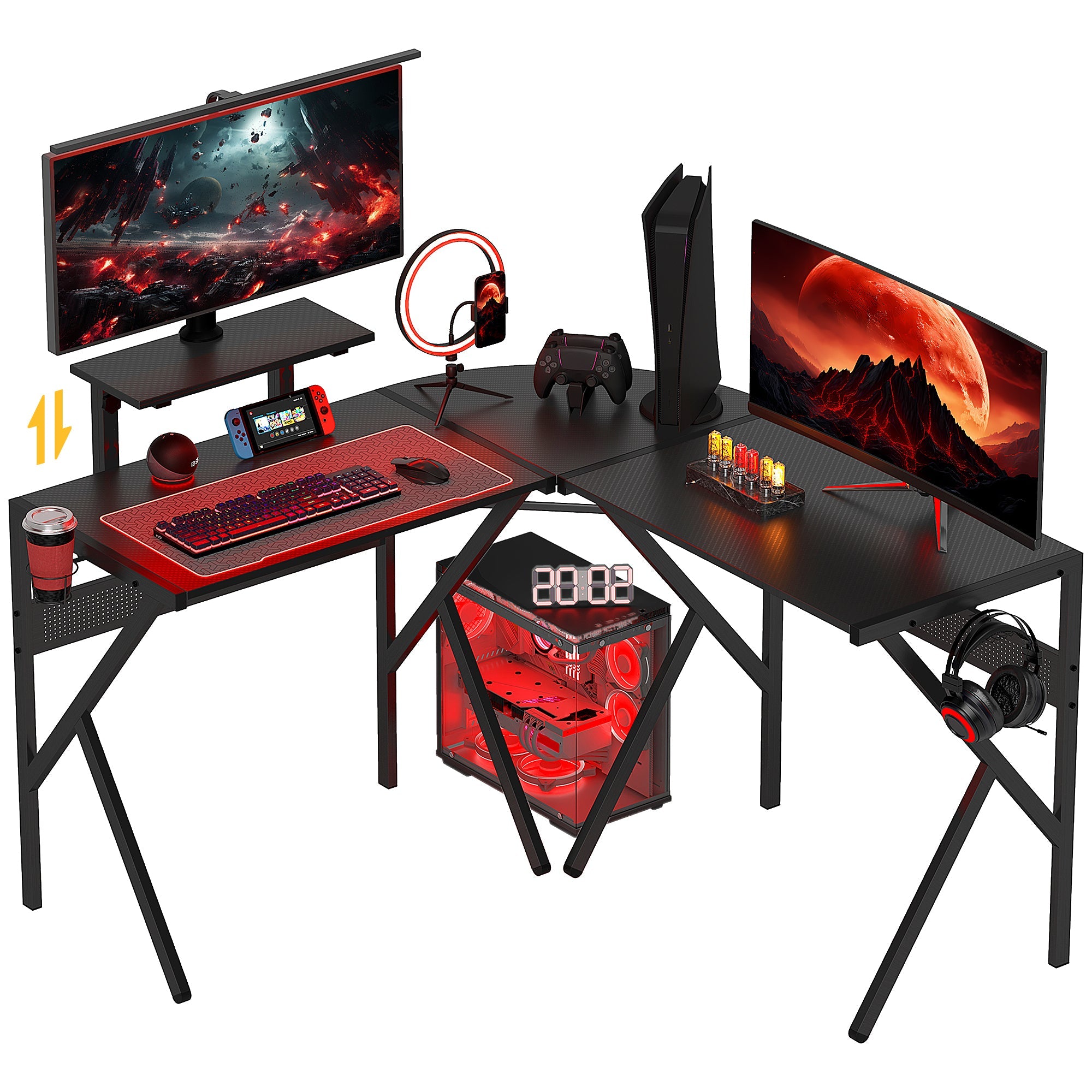 HOMCOM Gaming Desk L-Shaped Corner Computer Table for Home Office PC Workstations with Adjustable Monitor Stand Cup Holder Headphone Hook 125x125x75cm, Black 
