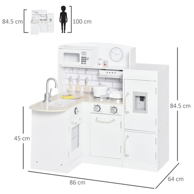 HOMCOM Kids Play Kitchen Wooden Toy Kitchen Cooking Set for Children with Drinking Fountain, Microwave, and Fridge White 