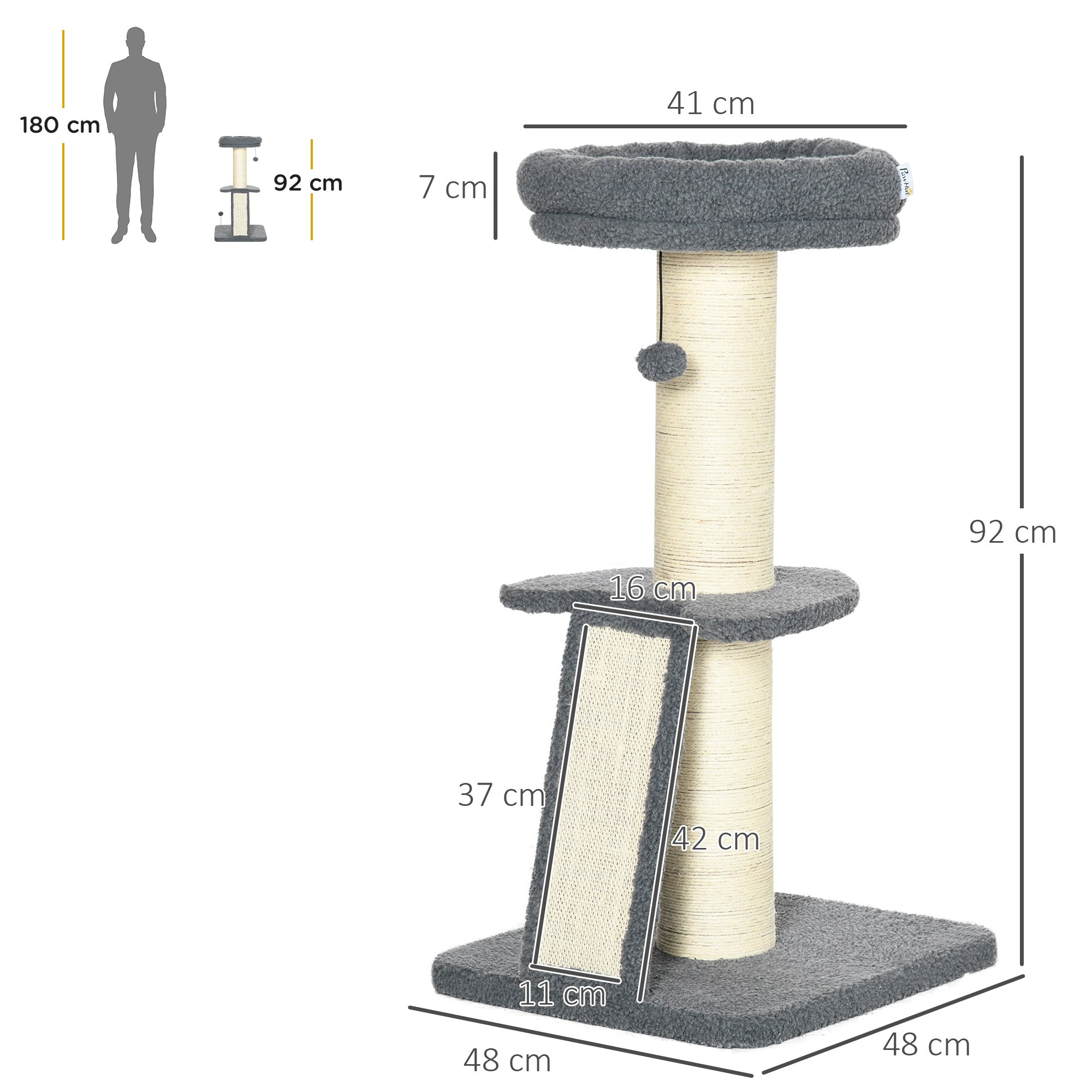 PawHut Cat Tree Tower with Scratching Posts, Pad, Bed, Toy Ball-Dark Grey 