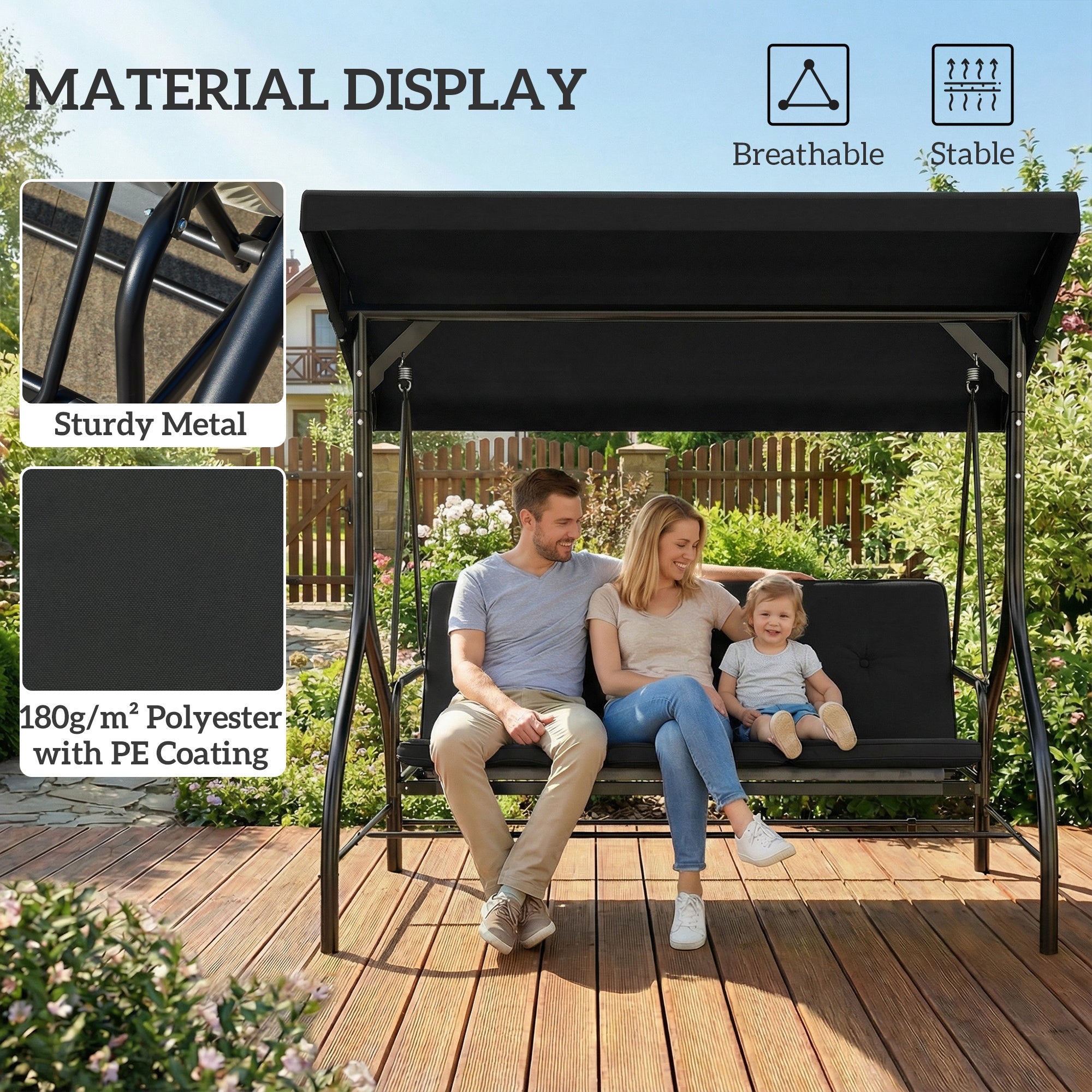 Outsunny 3 Seater Canopy Swing Chair, 2 in 1 Garden Swing Seat Bed, with Adjustable Canopy and Metal Frame, Black 