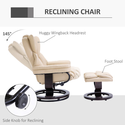 HOMCOM Faux Leather Recliner Chair and Footstool, Swivel Upholstered Armchair and Footstool with Adjustable Backrest, Solid Wood Base for Living Room, Cream 