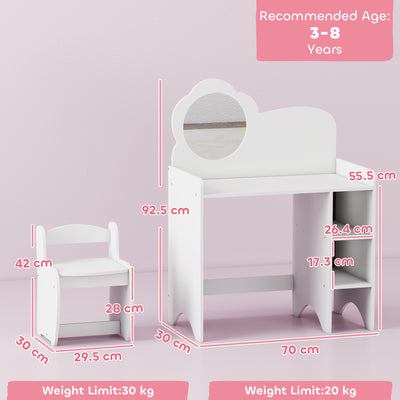 AIYAPLAY Kids Dressing Table with Mirror, Stool, Kids Vanity Table with Shelves, for Ages 3-8 Years, White 