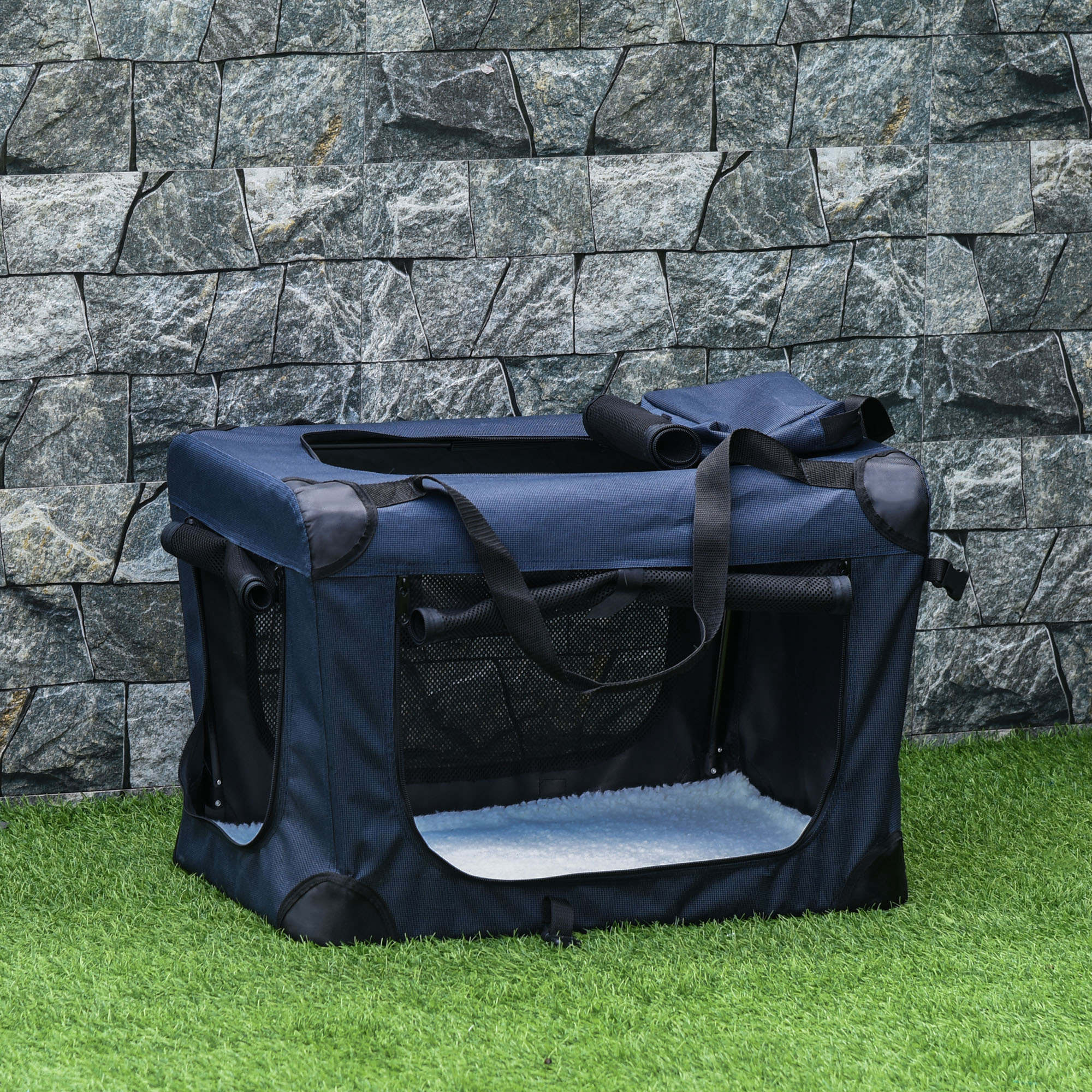 PawHut Foldable Pet Carrier for Small and Miniature Dogs, Portable Cat Carrier Soft Side Pet Travel Crate with Removable Mat, Storage Bags, Breathable Mesh 70 x 51 x 50cm - Dark Blue 