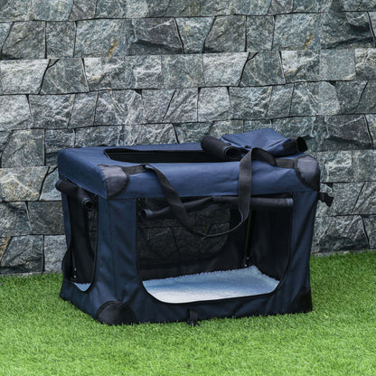 PawHut Foldable Pet Carrier for Small and Miniature Dogs, Portable Cat Carrier Soft Side Pet Travel Crate with Removable Mat, Storage Bags, Breathable Mesh 70 x 51 x 50cm - Dark Blue 