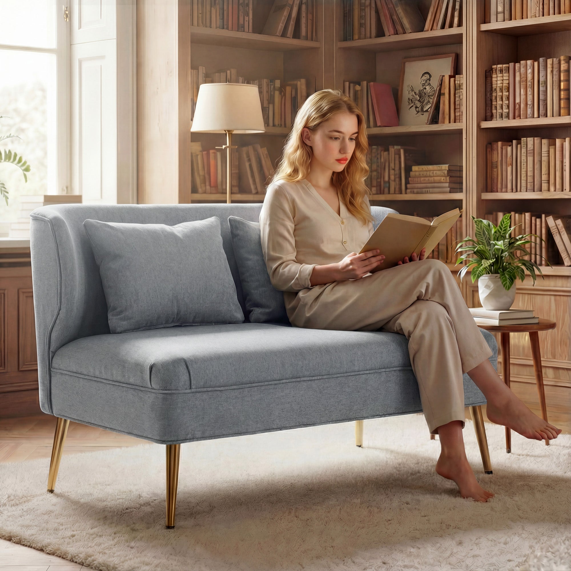 HOMCOM 2 Seater Sofa, Linen-look Fabric Small Sofa with Wing Back, Thick Seat, Metal Legs, Light Grey 