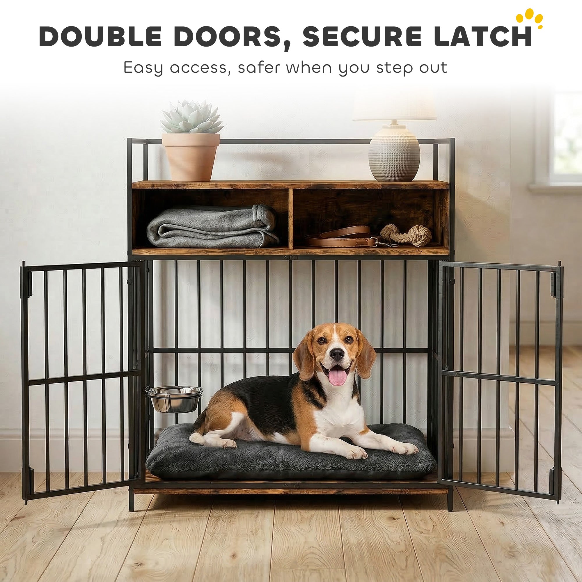 PawHut Dog Crate Furniture, Dog Cage with Rotatable Feeding Station and Storage Shelves, End Side Table Indoor Pet Kenne 