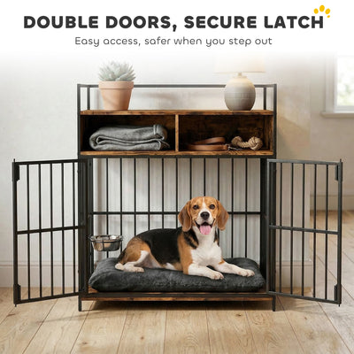 PawHut Dog Crate Furniture, Dog Cage with Rotatable Feeding Station and Storage Shelves, End Side Table Indoor Pet Kenne 